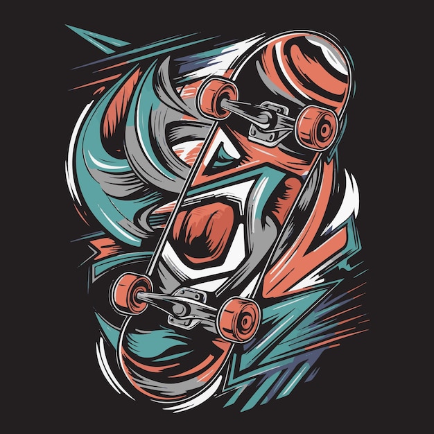 Una sorprendente illustrazione astratta di uno skateboard resa in colori vivaci e dettagli intricati o