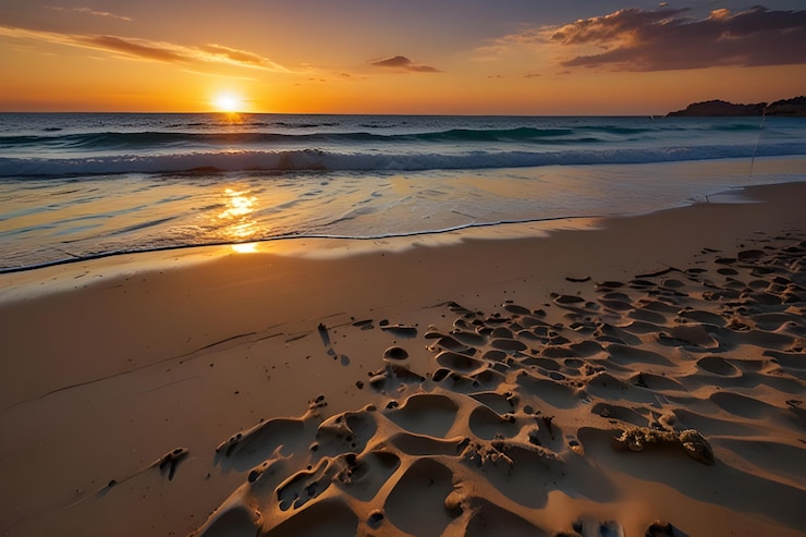 Vettore una spiaggia con un tramonto e l'oceano sullo sfondo