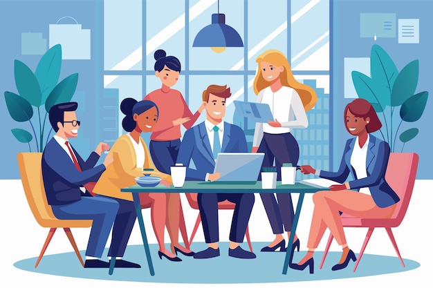 Una squadra di quattro professionisti aziendali due uomini e due donne sono riuniti attorno a un tavolo in un ambiente di ufficio moderno stanno avendo una riunione e discutendo idee