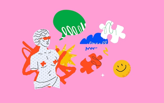 Una statua classica stilizzata circondata da figure astratte, pezzi di puzzle e una bolla di discorso