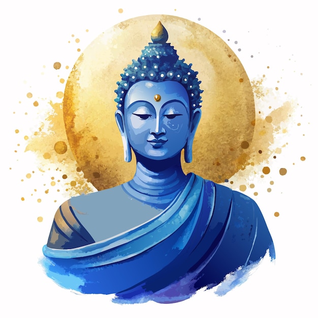 Una statua di Buddha blu e oro con perle d'oro sulla testa La statua è circondata da cerchi d'oro e ha un'espressione pacifica e serena