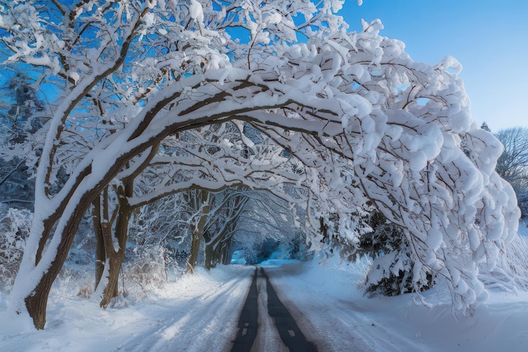 Vettore una strada con alberi coperti di neve e un cielo blu