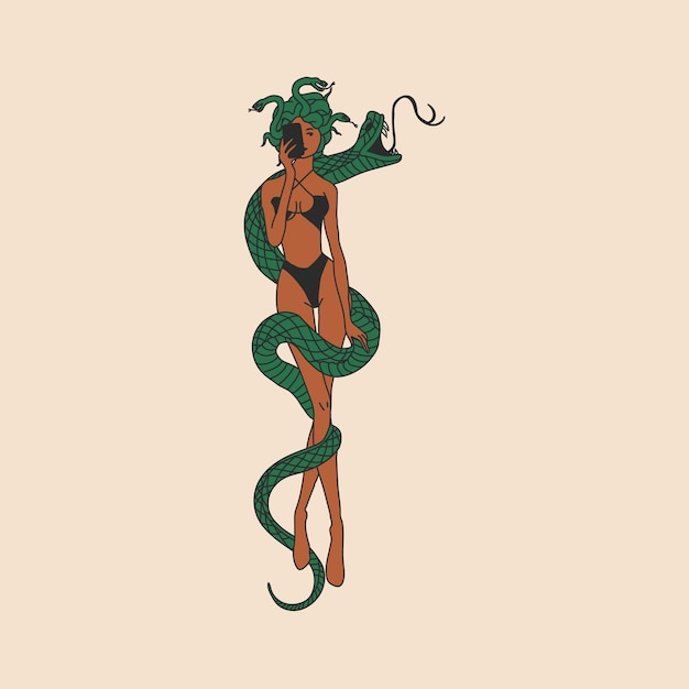 Una strega con un serpente avvolto attorno al suo corpo. Donne carine in stile retro.