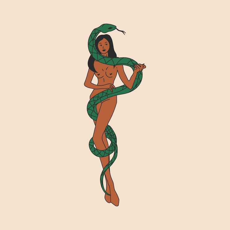 Vettore una strega con un serpente avvolto attorno al suo corpo. donne carine in stile retro.