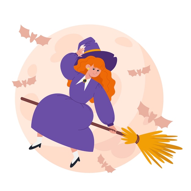 Una strega con un vestito e un cappello viola vola sulla scopa di una strega