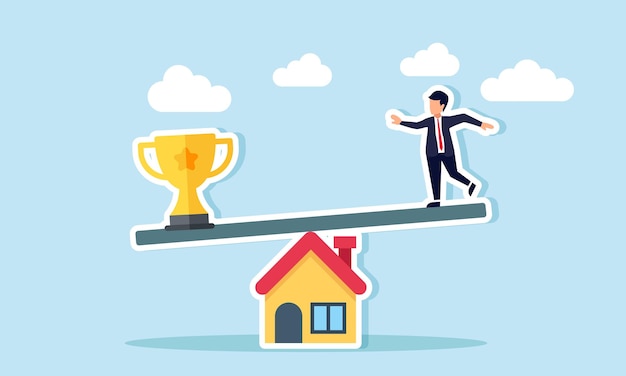 Una tavola si trova in cima a una casa come un altalena con un uomo d'affari su un'estremità e un trofeo sull'altra illustrazione di bilanciamento dei risultati commerciali di proprietà