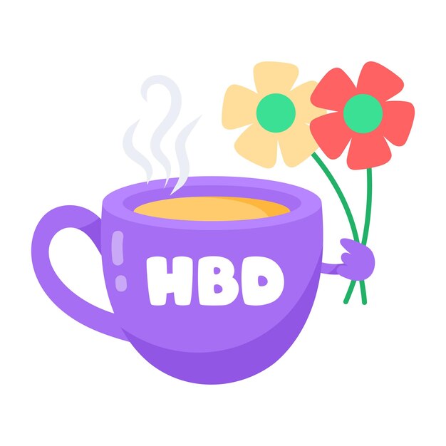 Una tazza di caffè viola con sopra un fiore che dice compleanno.