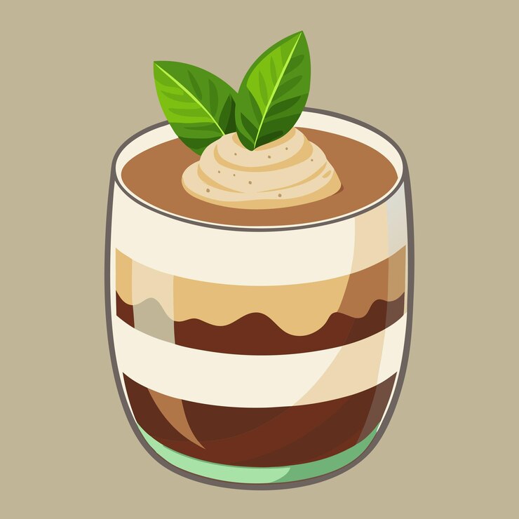 Vettore una tazza di pudding al cioccolato con una foglia verde in cima
