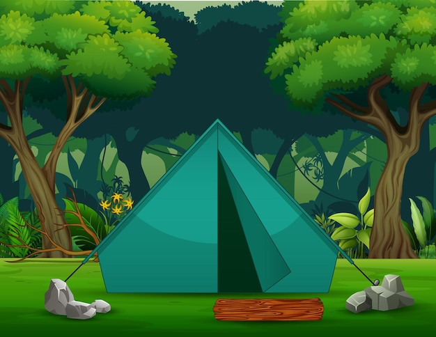 Una tenda da campeggio verde sullo sfondo della foresta