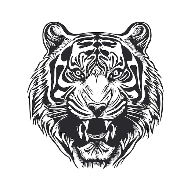 Una testa di tigre con un'illustrazione in stile tatuaggio disegnata a mano in bianco e nero