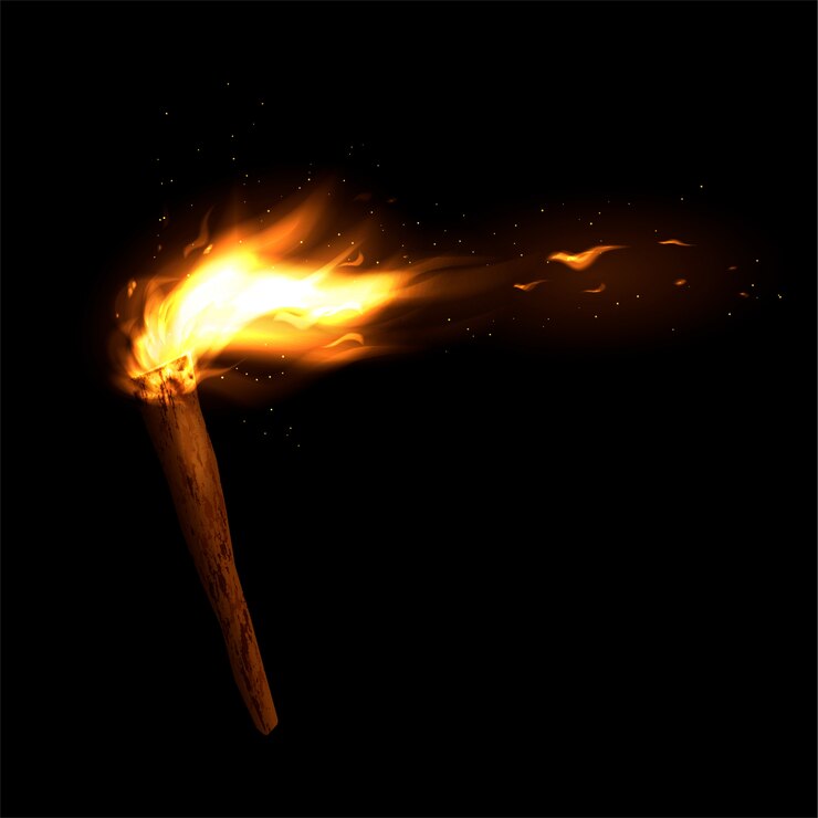 Una torcia di legno con un fuoco ardente. Fiamma e scintille luminose.