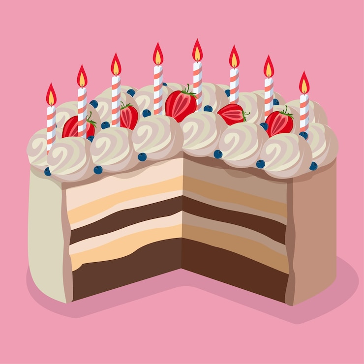 Vettore una torta rosa con una torta di compleanno con sopra delle candeline.