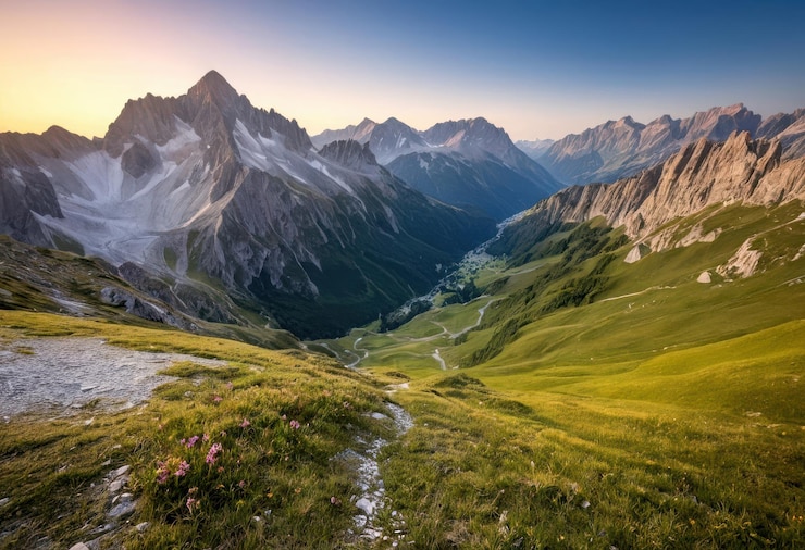 Vettore una valle di montagna attraversata da una strada