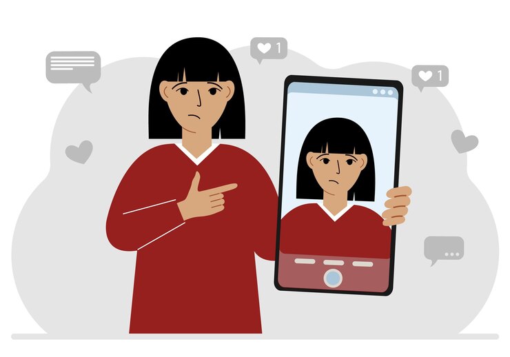 Vettore una videoblogger registra o guarda un video o una foto su uno smartphone diverse icone dei social media illustrazione piatta vettoriale