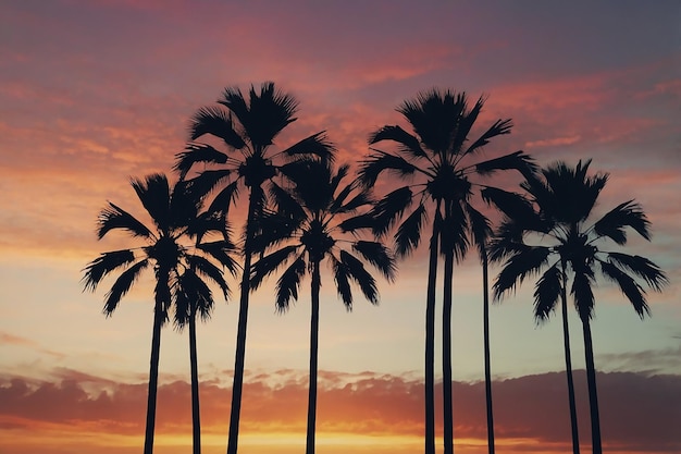 una vista al tramonto di palme e un cielo al tramonto