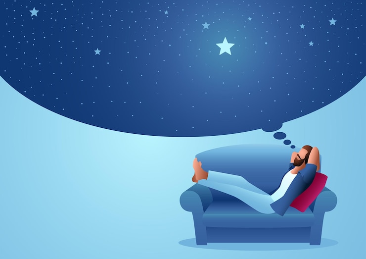 Vettore unemployed person is lying on the sofa and daydreaming