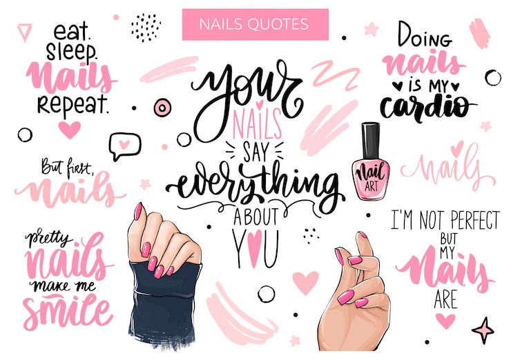 Vettore unghie e manicure con mani di donna, scritte a mano, frasi, citazione di ispirazione per nail bar, salone di bellezza