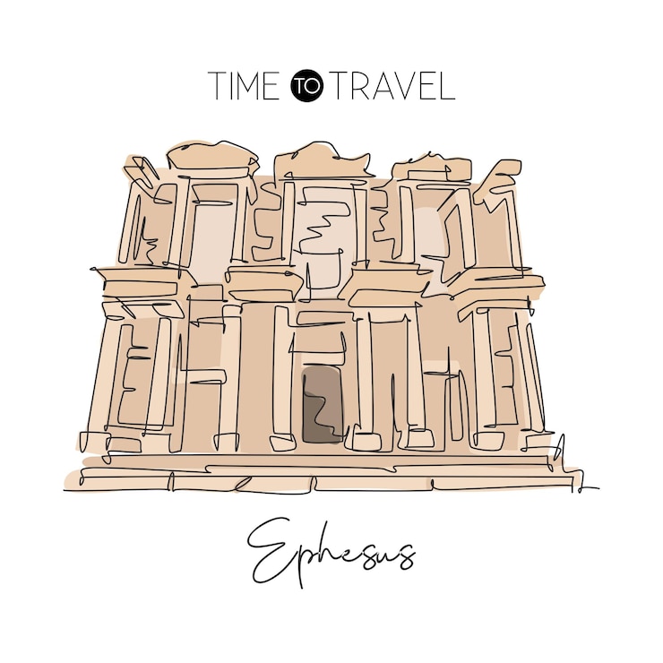 Vettore unico disegno a linea continua efeso antico punto di riferimento greco. luogo famoso di bellezza a selçuk ismir, in turchia. world travel wall decor poster art concept. modern one line draw design vector illustration