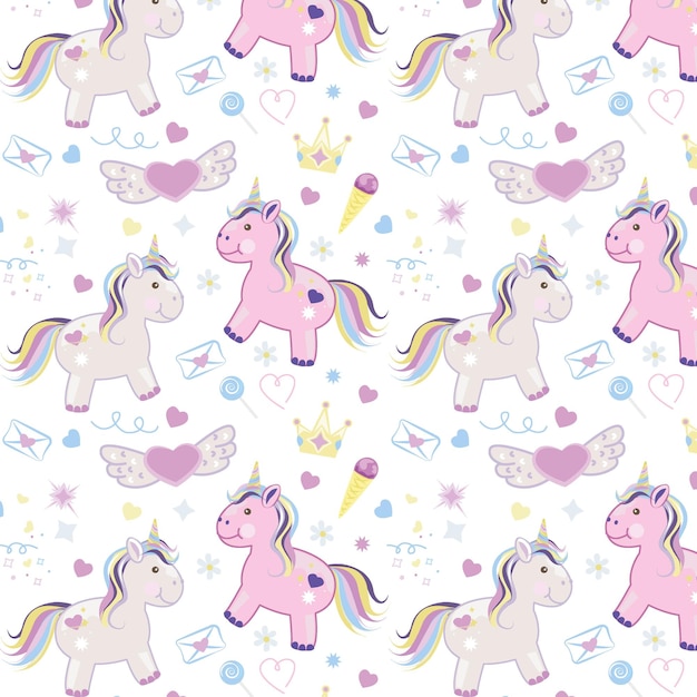 Unicorni senza cuciture con cuori d'amore gelato arcobaleno Illustrazione vettoriale