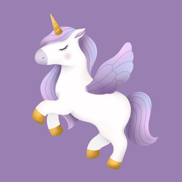 Unicorno acquerello magico bianco carino su sfondo viola con ali rosa viola e corno d'oro
