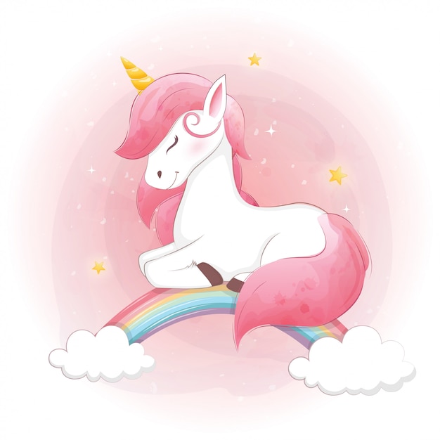 Unicorno e arcobaleno svegli sul fondo rosa del cielo