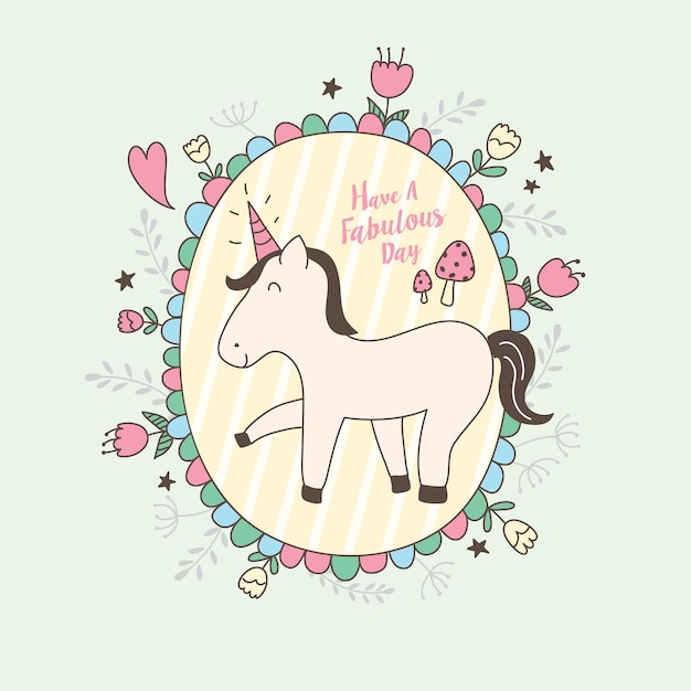 Unicorno felice carino disegnato a mano che celebra