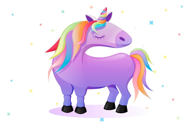 Unicorno rosa del fumetto, cavallo carino su uno sfondo di stelle. Illustrazione vettoriale unicorno bambino rosa per sfondo dell'interfaccia utente.