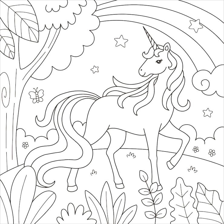 Vettore unicorno stampabile nella foresta da colorare