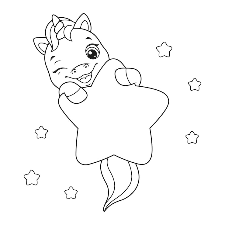 Vettore unicorno sveglio del bambino con la pagina di coloritura della stella. delineare l'illustrazione vettoriale dei cartoni animati