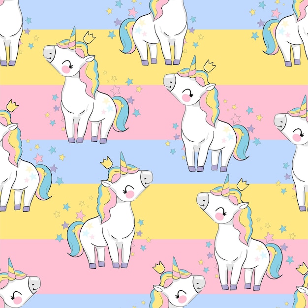 Unicorno sveglio disegnato a mano, modello senza cuciture di vettore del pony, stampa dei bambini