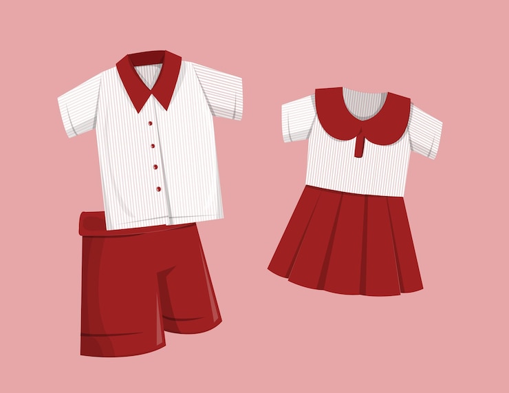 Vettore uniforme scolastiche per maschi e femmine a colori rosso e bianco e a righe