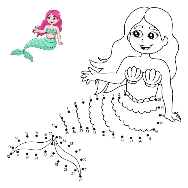 Unisci i puntini alla sirena seduta in una colorazione a conchiglia