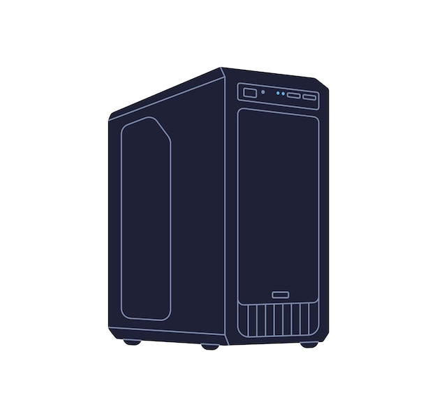 Unità di sistema del computer cassa torre desktop icona hardware PC apparecchiatura tecnologica moderna dispositivo tecnologia di workstation server illustrazione vettoriale grafica piatta isolata su sfondo bianco