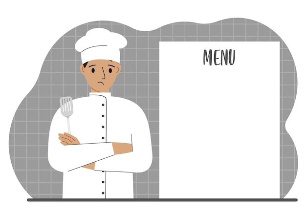 Uno chef con un berretto in piedi accanto a un foglio bianco per posizionare un menu per un ristorante o un caffè Vettore