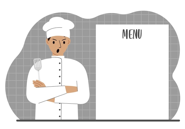 Uno chef con un berretto in piedi accanto a un foglio bianco per posizionare un menu per un ristorante o un caffè Vettore
