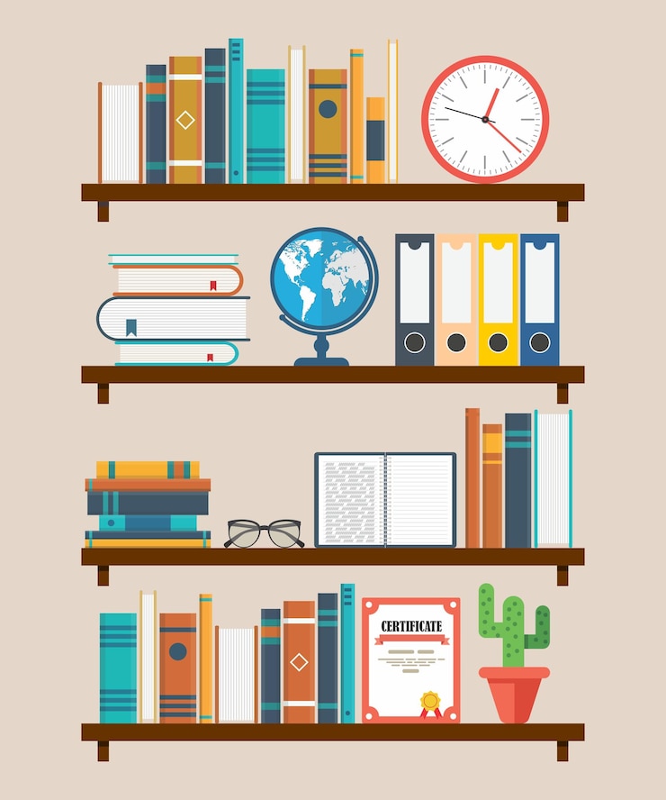 Vettore uno scaffale per libri con libri e un globo su di esso