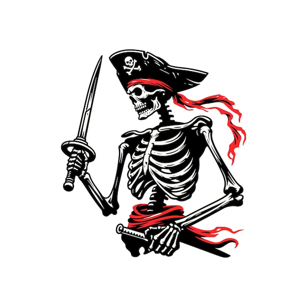 uno scheletro con una spada e un'illustrazione vettoriale di una spada di uno schelatro di pirata