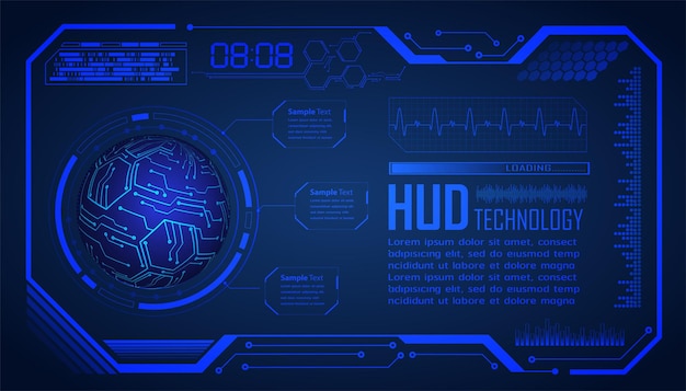 Uno schermo blu con un globo e le parole tecnologia hud su di esso