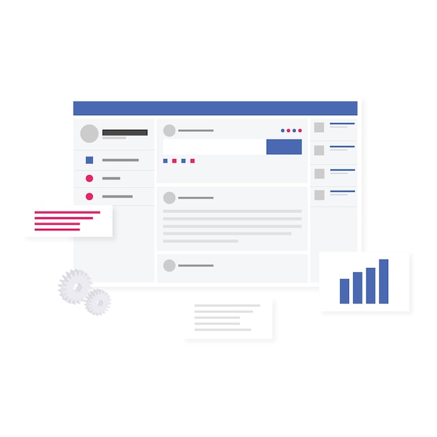 Uno schermo con una pagina Facebook blu e bianca con un grafico a barre e un grafico a barre.