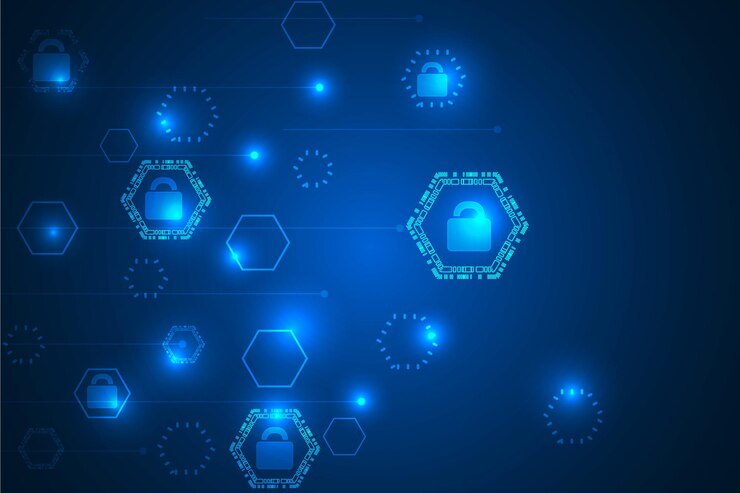 Uno sfondo blu con esagoni e un lucchetto su di esso sicurezza futuristica e protezione online
