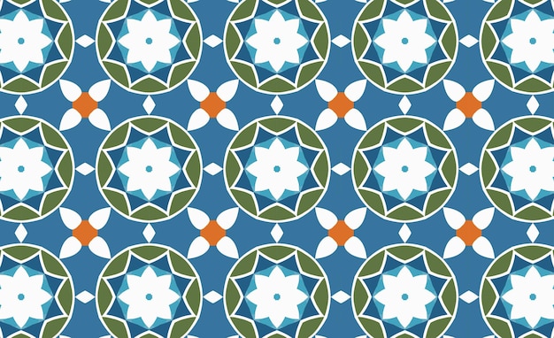 uno sfondo blu con un disegno di fiori e un fiore verde e bianco