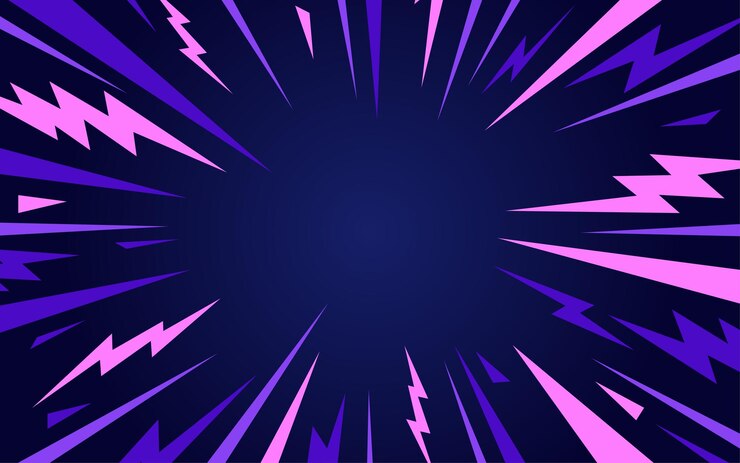 Vettore uno sfondo dinamico di esplosione con tonalità blu e viola vibranti un'esplosione esplosiva in stile cartone animato