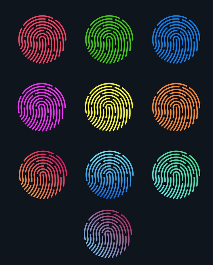 Uno sfondo nero con impronte digitali colorate in diversi colori.