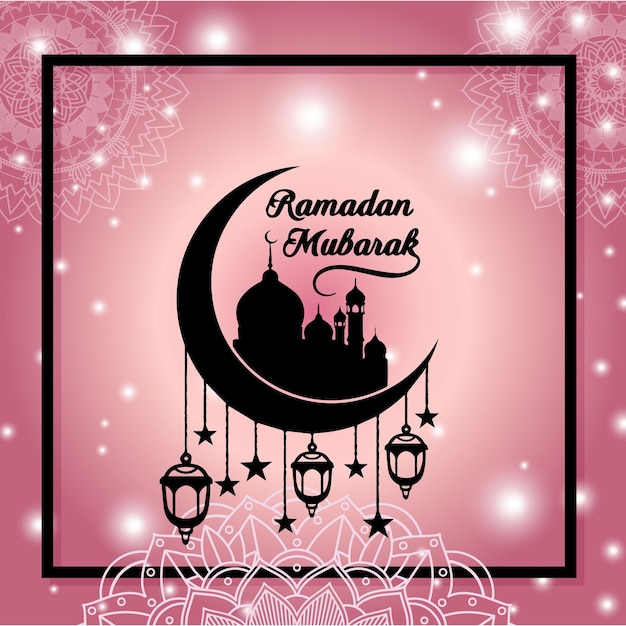 Uno sfondo rosa con una falce di luna e stelle e uno sfondo rosa con una cornice per ramadan mubarak.