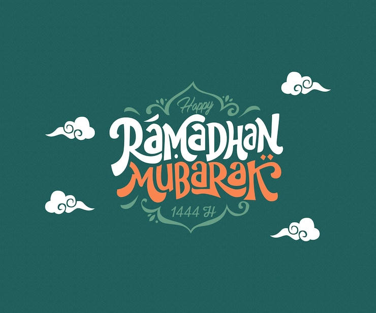 Vettore uno sfondo verde con le parole happy ramadan murakami in lettere arancioni