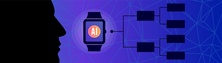 Vettore uno sfondo vettoriale che mostra un essere umano che comanda lo smartwatch utilizzando la tecnica dell'intelligenza artificiale