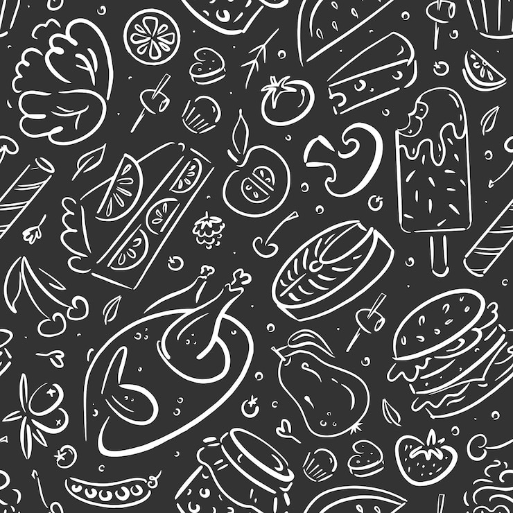 Vettore uno sfondo vettoriale senza soluzione di continuità con il cibo illustrazione di cibo