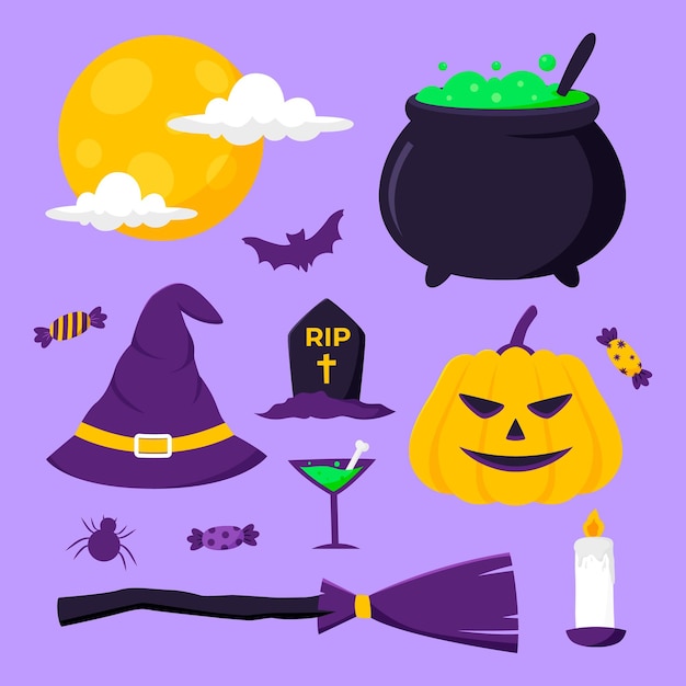 uno sfondo viola con un cappello da strega e un cappelli da strega con un tema di Halloween