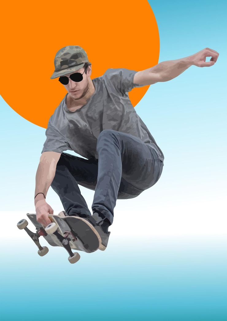 Vettore uno skateboarder che indossa occhiali da sole e un berretto da baseball sta eseguendo un trucco