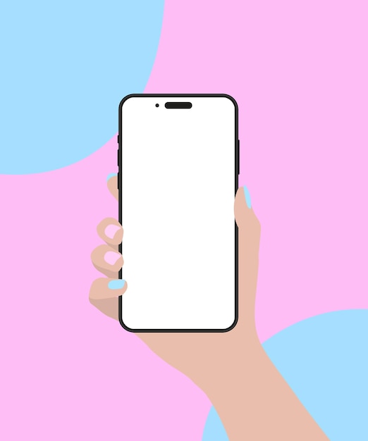 Uno smartphone con uno schermo bianco vuoto è tenuto in mano su uno sfondo multicolore